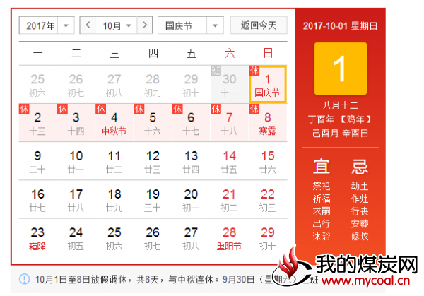 2017年的国庆节和中秋节又连在一起了,这次将是连休,此次 放假安排再加上调休一共8天,而且高速在国庆七天中将免费通行。
