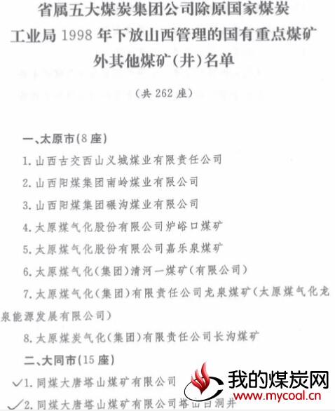 山西省属五大煤炭集团煤矿将实行属地安全监管