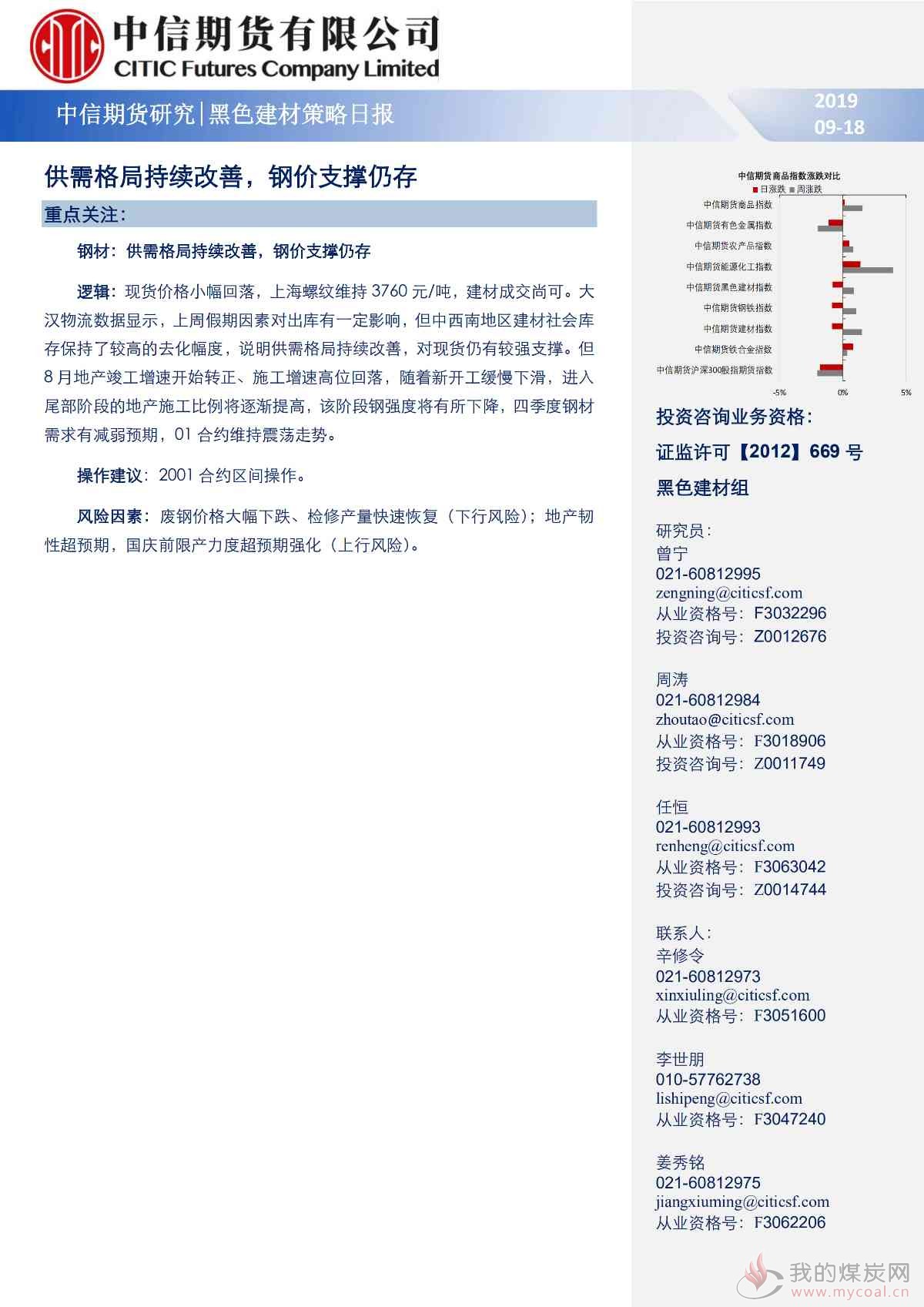 【中信期货黑色】供需格局持续改善，钢价支撑仍存——日报20190918_00