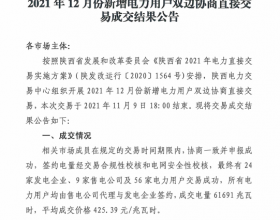  陕西2021年12月份新增电力用户双边协商直接交易成交结果：