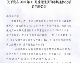  安徽公布2021年11月受理注册的电力市场主体公示名单