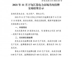  成交均价468.48元/兆瓦时 2021年11月下旬江苏电力