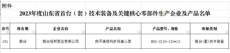 恒邦泵业产品再次入选山东省首台（套）技术装备名单